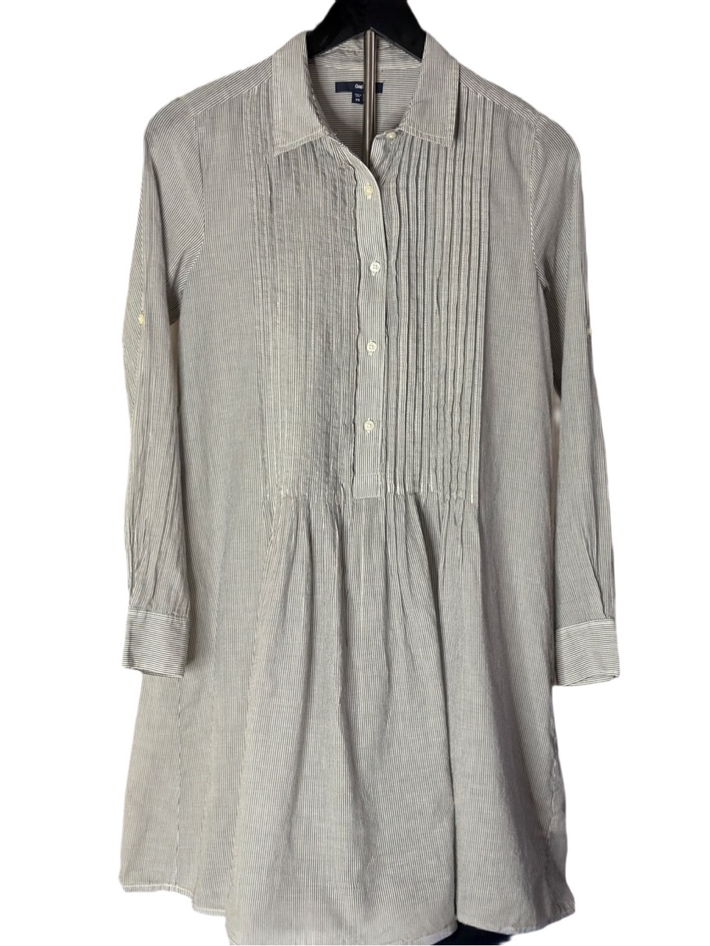 GAP Light Gray Striped Pintuck Long-Sleeve Dress